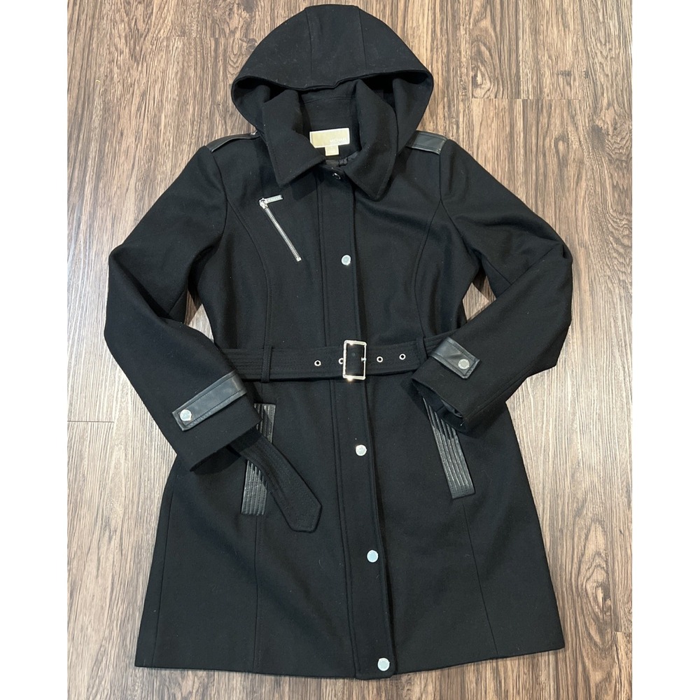 Michael Kors Long Women's Wool Pea Coat Silver Details Size M Color Black